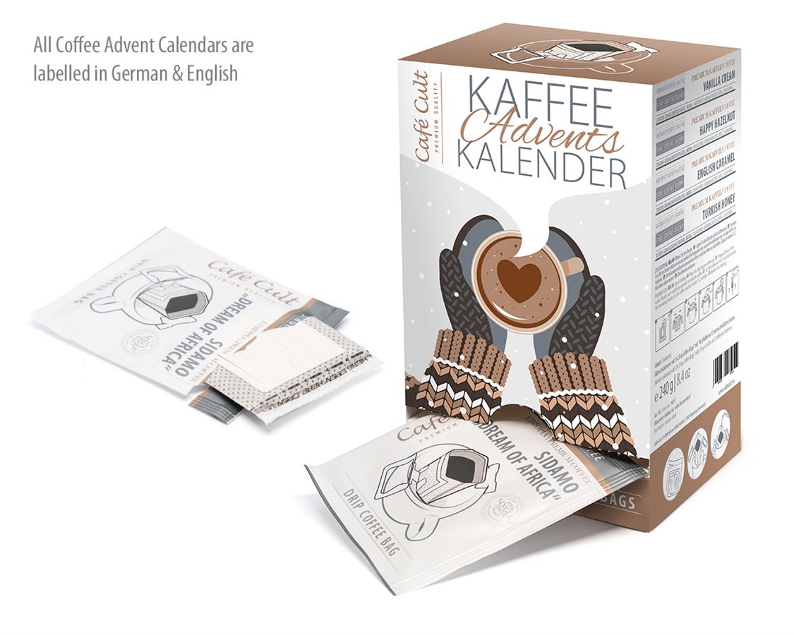 Kaffee-Adventskalender „Handwärmer“ mit 24 Kaffee DripBags einzeln im Sachet verpackt