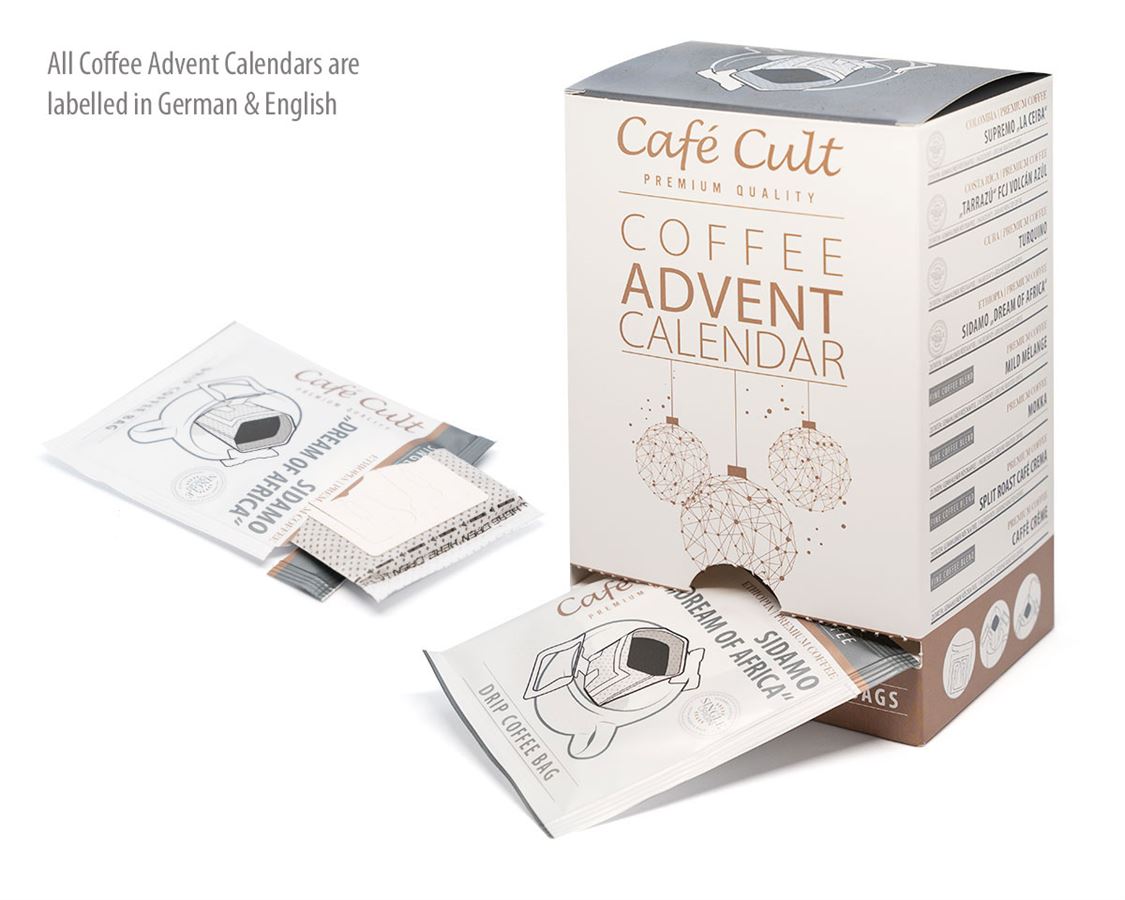 Kaffee-Adventskalender "Türchen grau" mit 24 Kaffee DripBags einzeln im Sachet verpackt