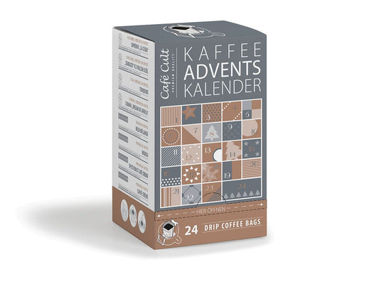 Kaffee-Adventskalender "Türchen grau" mit 24 Kaffee DripBags einzeln im Sachet verpackt