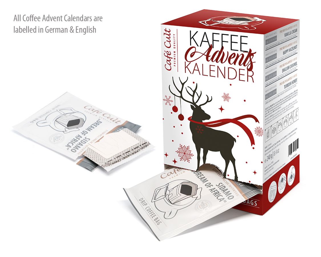 Kaffee-Adventskalender „Winter-Hirsch“ mit 24 Kaffee DripBags einzeln im Sachet verpackt