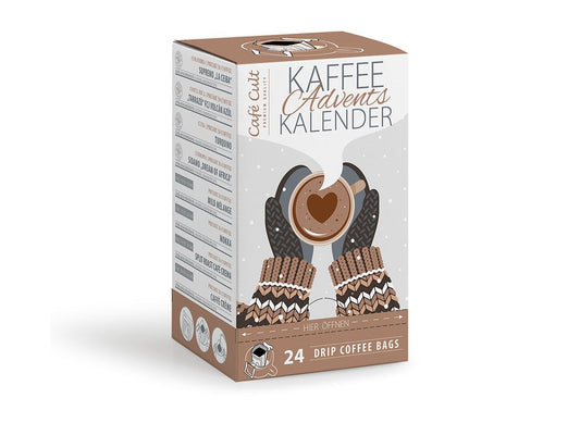 Kaffee-Adventskalender „Handwärmer“ mit 24 Kaffee DripBags einzeln im Sachet verpackt