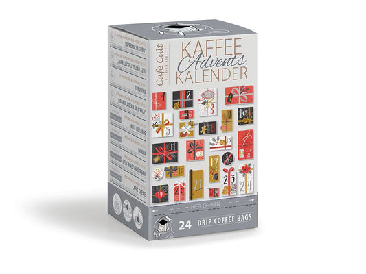 Kaffee-Adventskalender „Kalendertüren“ mit 24 Kaffee DripBags einzeln im Sachet verpackt