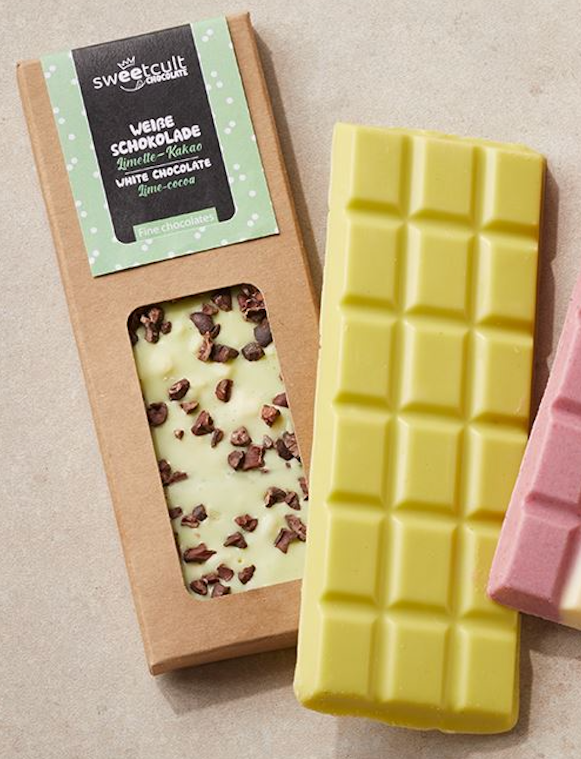 Schokoladentafel handgefertigt Limette-Kakao / Himbeer-Vanille 50 g