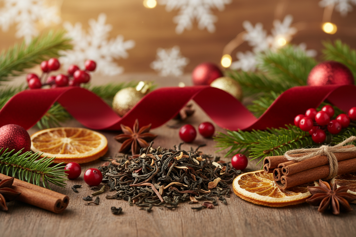 Erstelle ein Bild mit losen Tee und passend zur Weihnachtszeit